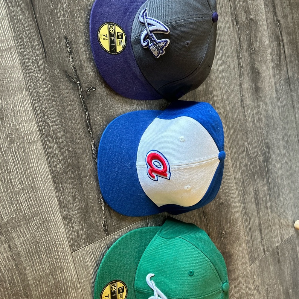 Set of Three Atlanta Braves Baseball Caps - Gray/Purple, Throwback Blue, Green